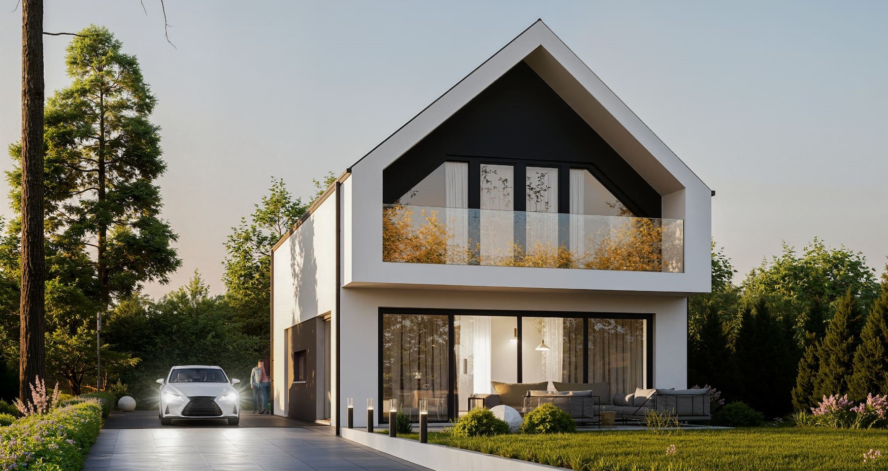 Widok boczny domu BRAL - prosta bryła z białej elewacji i drewnianych paneli