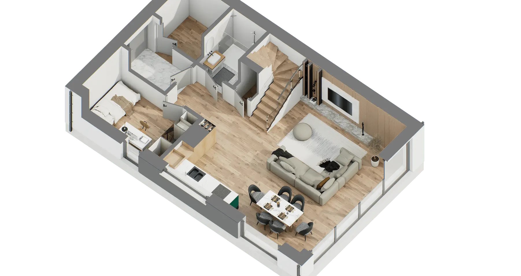 Rzut parteru domu BRAL: salon, kuchnia, pokój gościnny