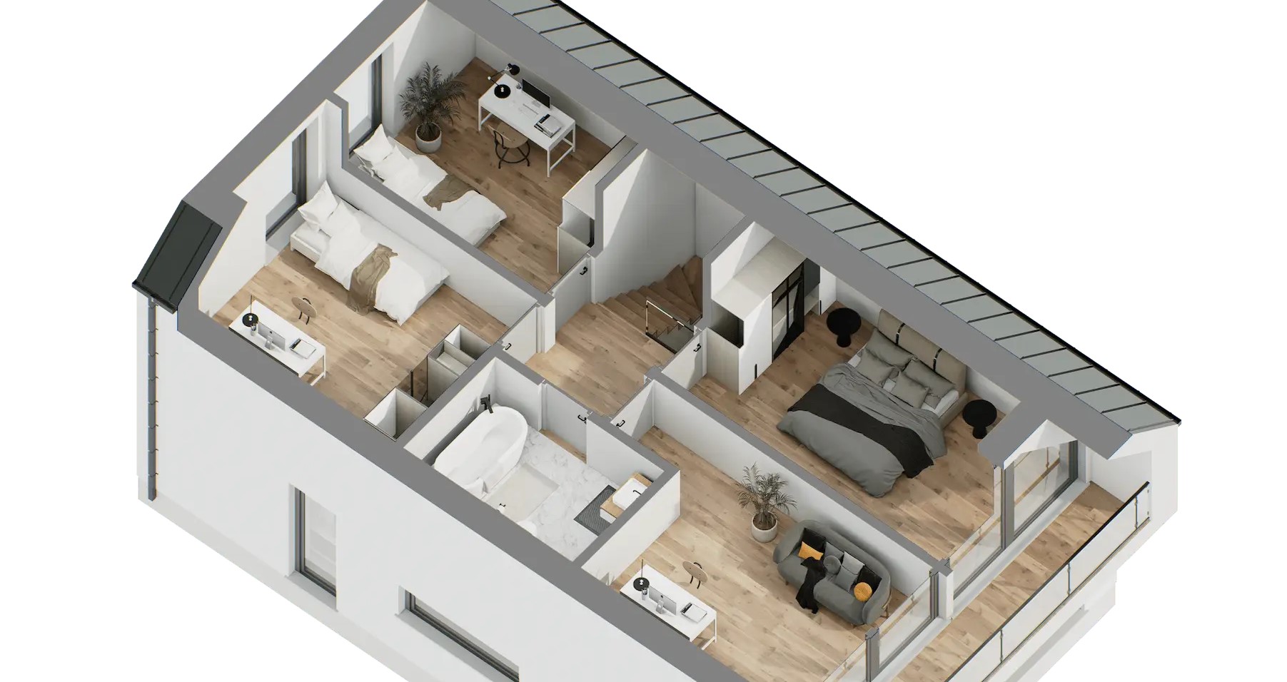 Rzut poddasza/piętra domu BRAL: sypialnie, łazienka